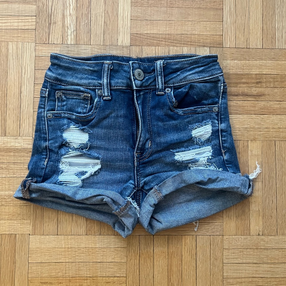 American Eagle Next Level Stretch Distressed Denim High-Waisted Short Shorts